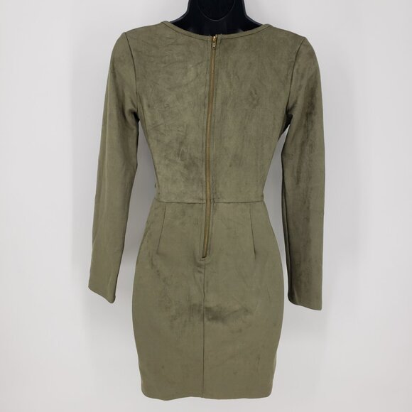 3/$25 Windsor Faux Suede Mini Sheath Dress S Long Sleeves V Neck Olive Green - Picture 2 of 10